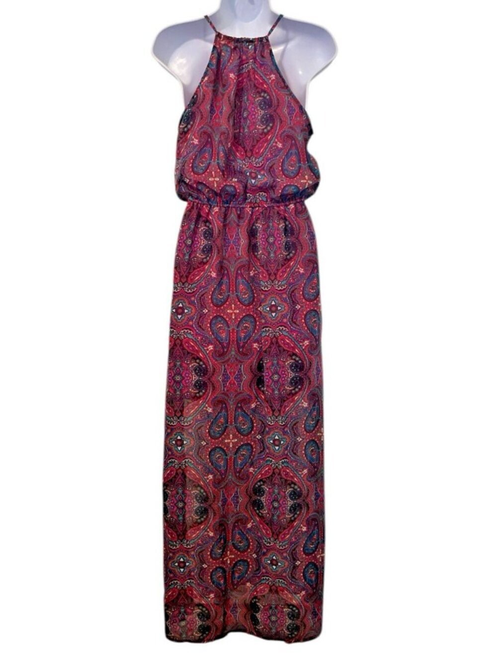 L8ter Womens Paisley Maxi Dress Size S Pink Blue Sheer Slide Slits Elastic Waist